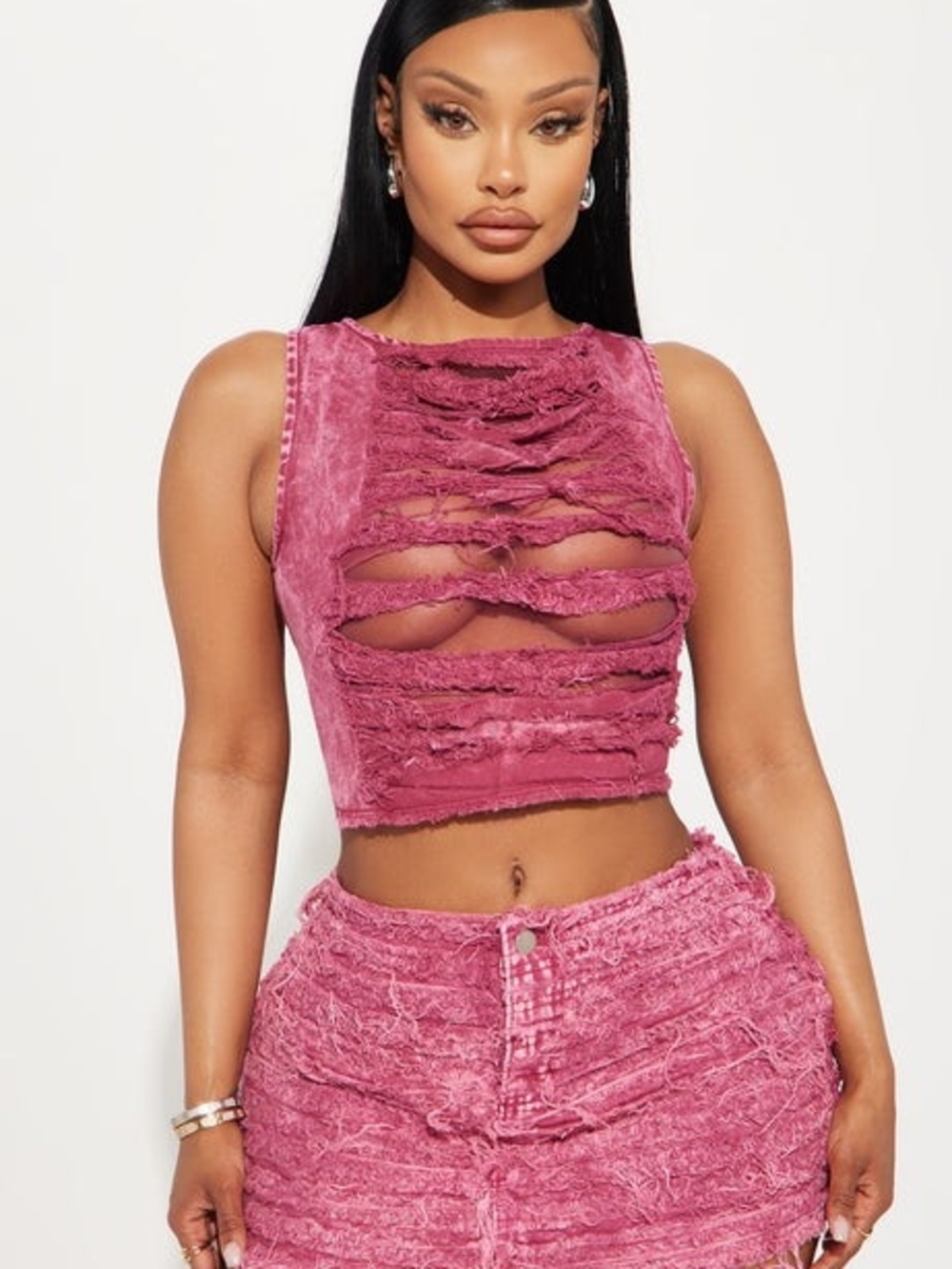 Sleeveless Distressed Crop Top in Rose Pink